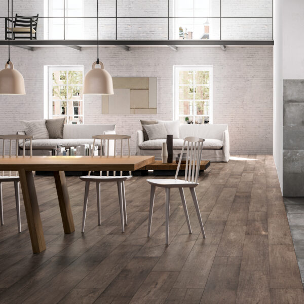 Epoque Brown porcelain tile floor in dining room