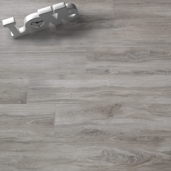 Lignum Grigio porcelain tile lifestyle image with the word "love"