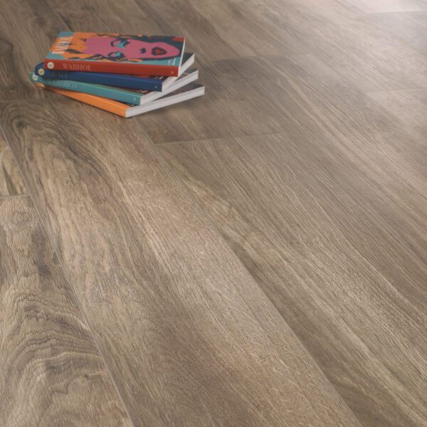 Lignum Noce porcelain tile flooring with books