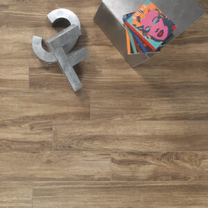 Lignum Noce porcelain tile flooring with books from birds-eye view