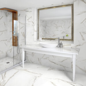 Mayfair Calacatta Oro porcelain tile in bathroom