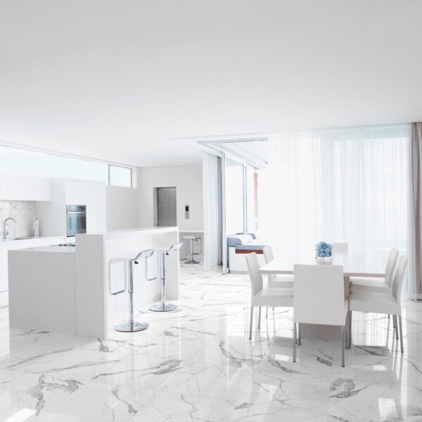 Mayfair Statuario Venato porcelain tile in white kitchen