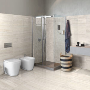 Memento Travertine Bianco porcelain tile in bathroom