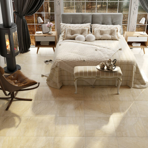 Nuvo Onix Cream porcelain tile in bedroom