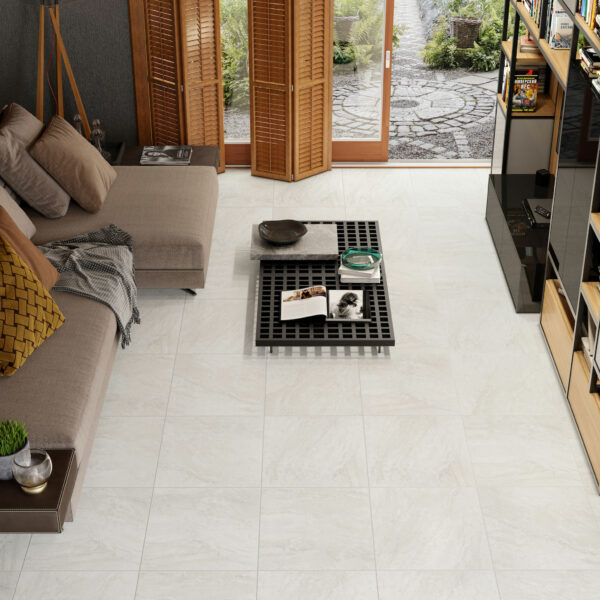 Nuvo Onix Ice porcelain tile 20"x20" in living room